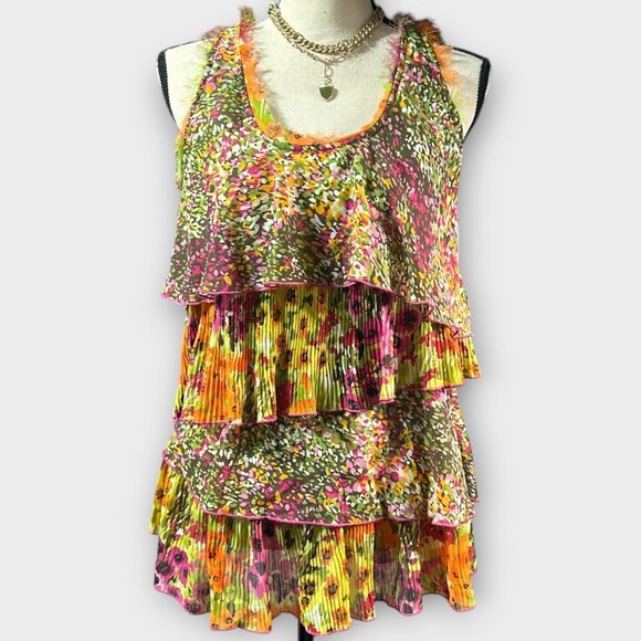 KEREN hart Womans Tunic Top L Pleated Ruffle Layered Sleeveless Festival Vacay - Picture 1 of 7